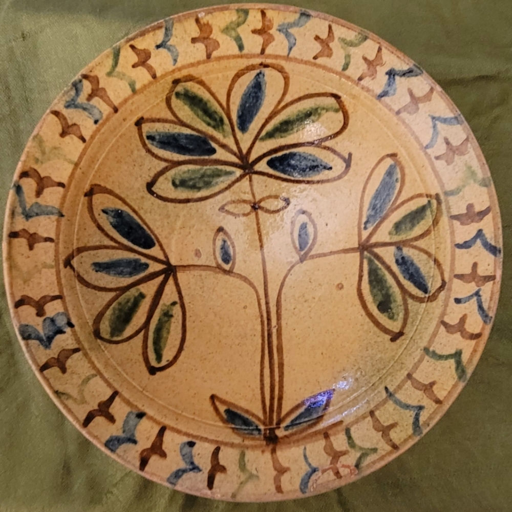 Continental Slippware Ceramic  bowl 11" wide Traditional Navy Brown Blue Glaze
